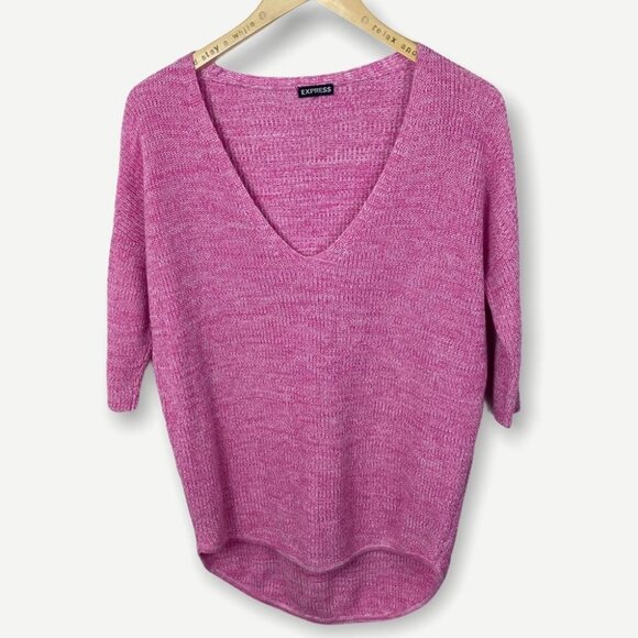 Express Pink V-Neck Knit Sweater 3/4 Sleeves Size Medium Top‎ Short Sleeve Boho - Picture 2 of 8